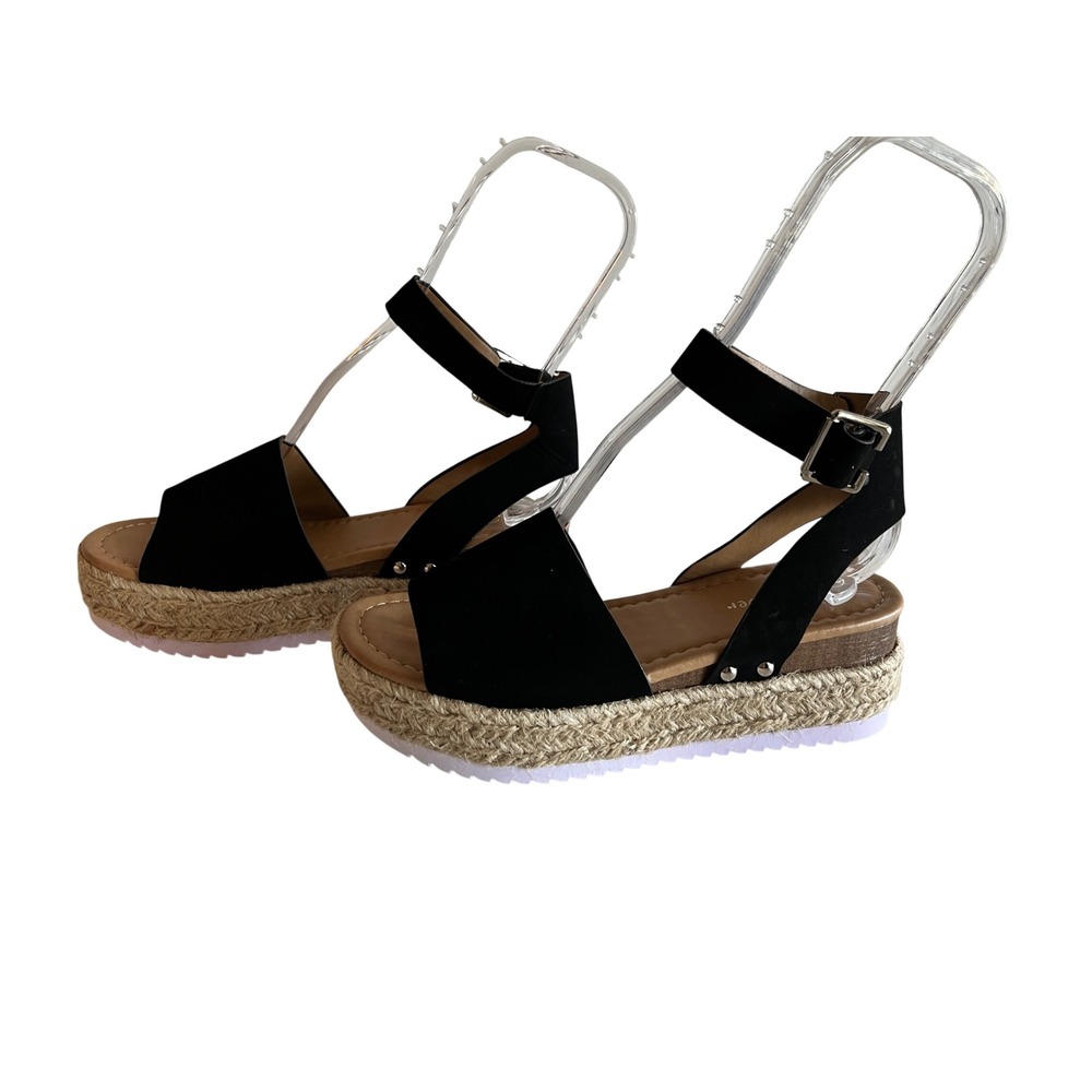 Forever Black Espadrille Flatform Sandals Ankle Strap Jute Platform Shoes
